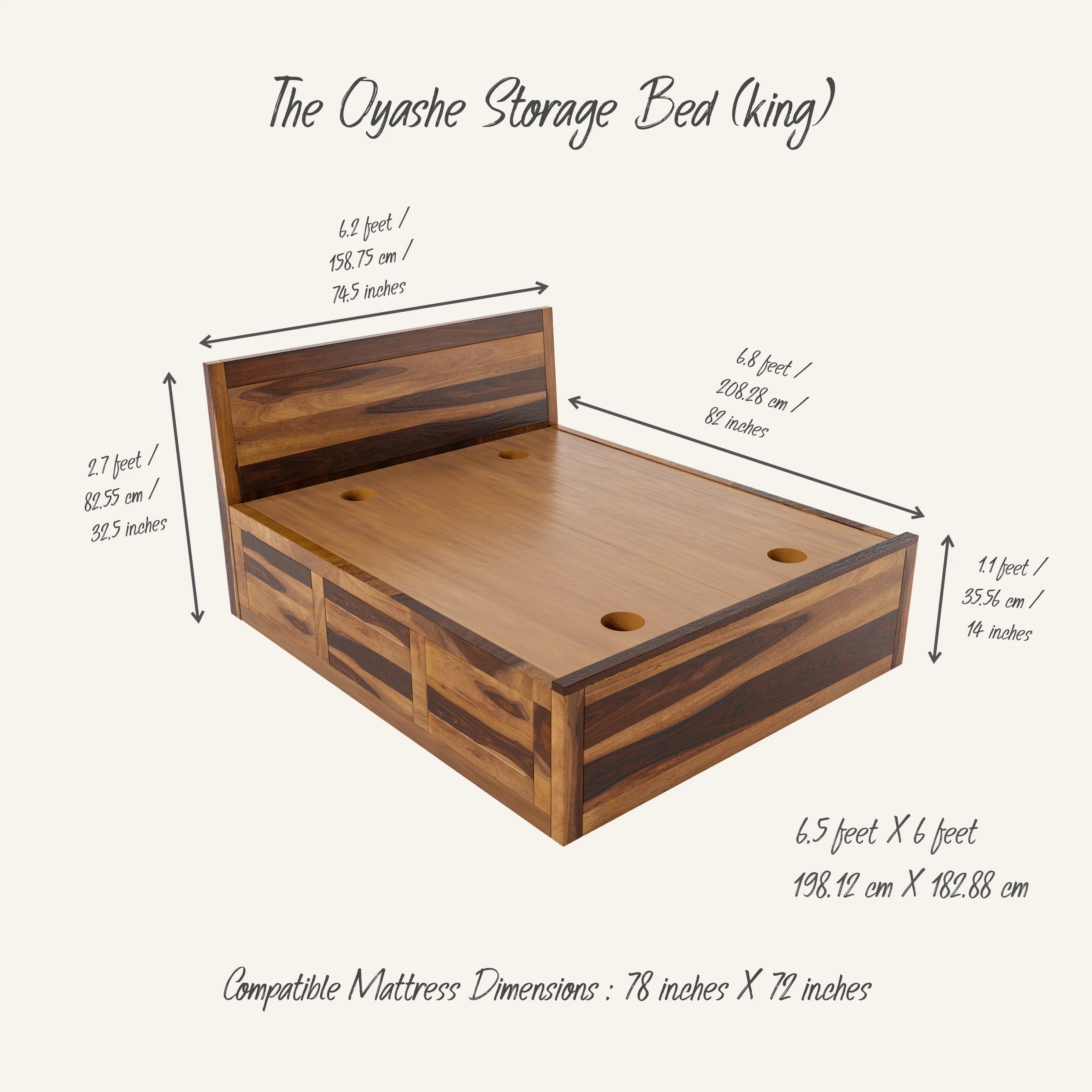 Oyashe Sheesham Wood Bed - With Storage - Image 4
