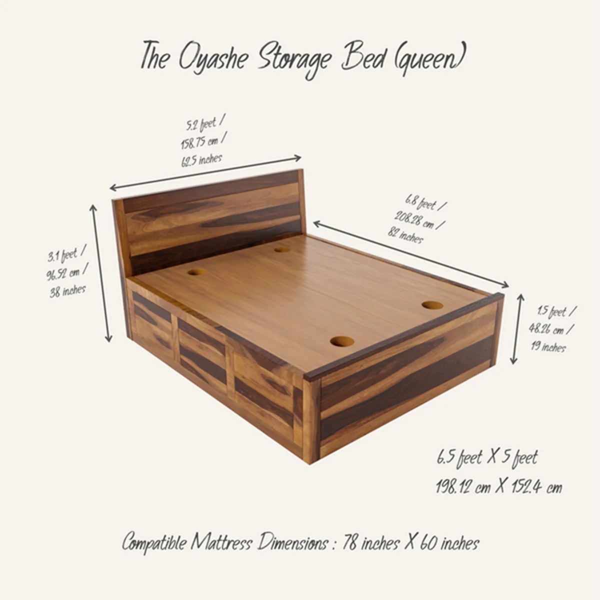 Oyashe Sheesham Wood Bed - With Storage - Image 5